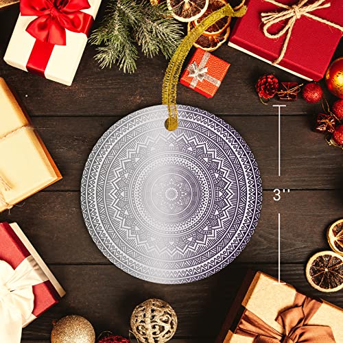 Decorative Hanging Ornaments, Geometric Pattern Mandala Floral Print Gradient Purple Round Ceramic Ornament Hanging Sign With Ribbon,For Home Decor, 1 Pcs, 3" #TOP4