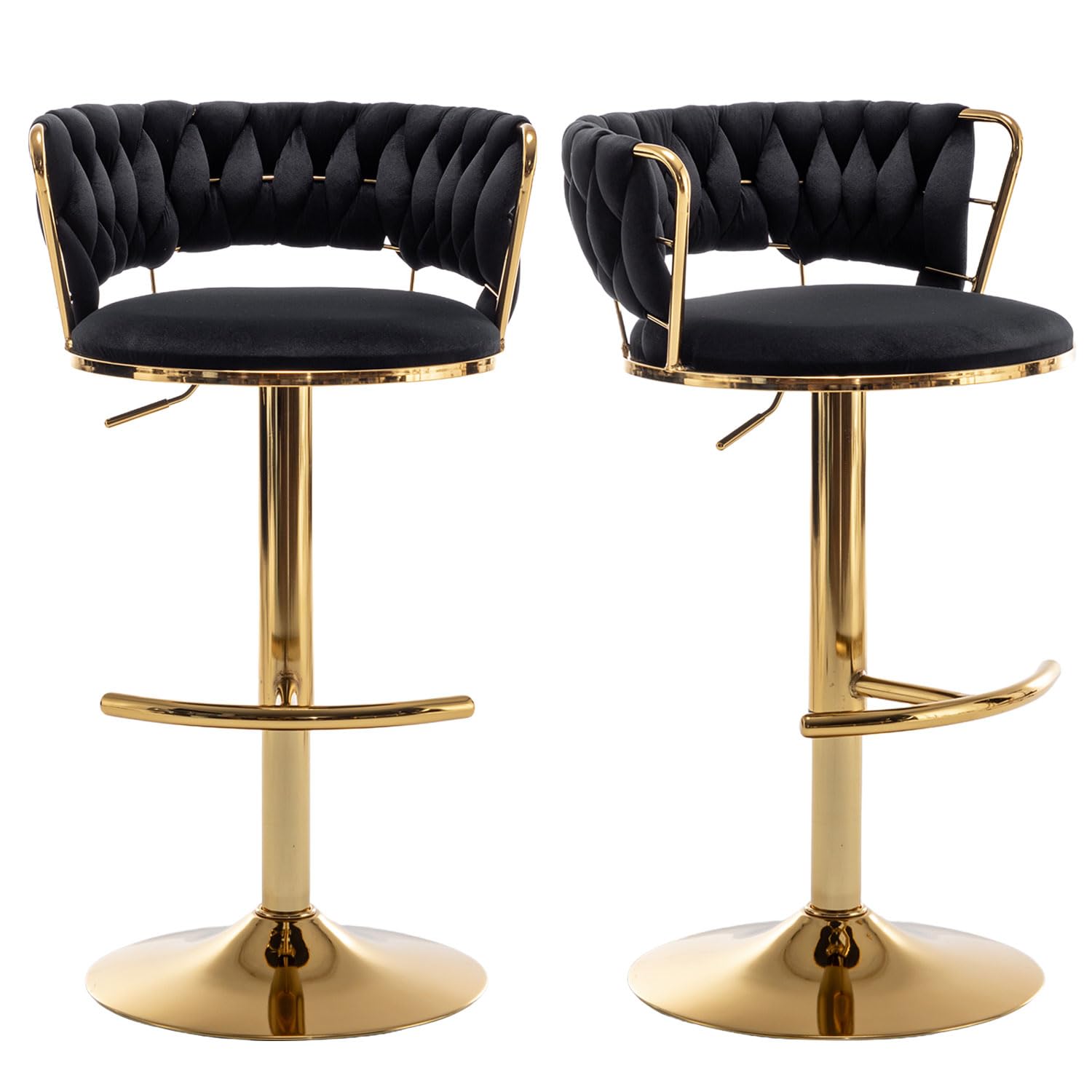 Riknuxi Velvet Bar Stools Set of 2, Counter Height Barstools with Low Back, Gold Swivel Bar Stool for Kitchen Island, Pub (Black)