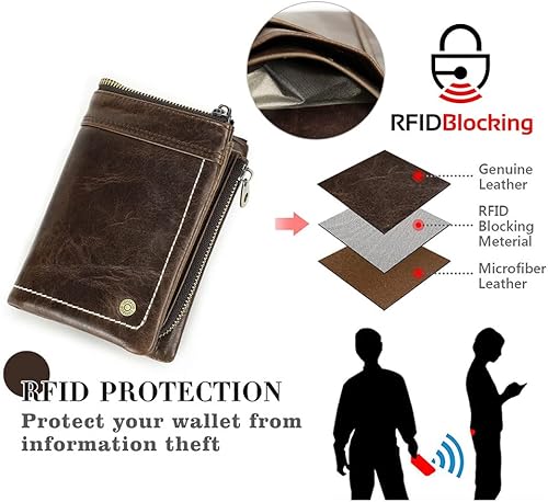 Miniatura 5 de CONTACTS Cartera de cuero para hombre, pequeña, plegable, RFID, con cremallera marrón, vintage, extraíble, bolsillo para monedas, tarjetero con