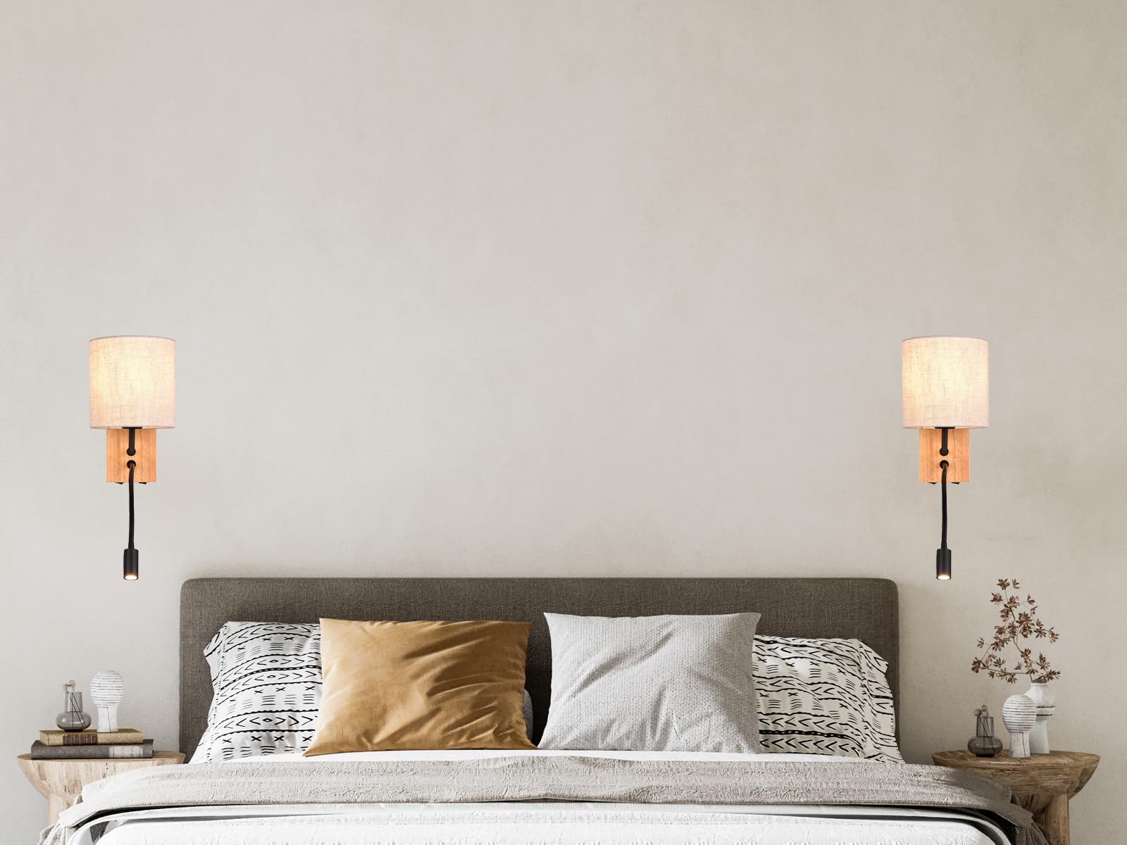 Wandleuchte mit Leselampe, Schalter, Kabel und Stecker, Stoff Lampenschirm rund Leinen Beige, Wandplatte Holz, Höhe 30cm inkl. stufenweise dimmbarem E27 Leuchtmittel, Design skandinavisch