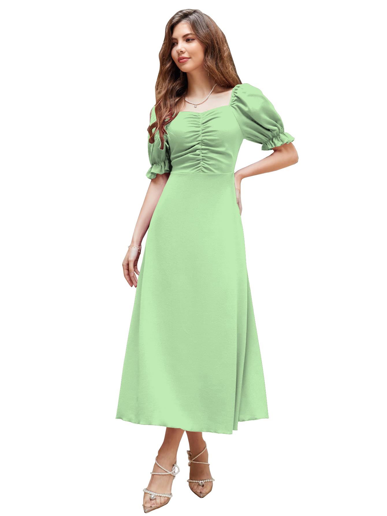 Shasmi Girl's & Women's Solid Pista A-Line Ruched Puff Sleeve Maxi Long Evening One Piece Long Dress For Women Stylish (Dress 131 Pista-S)