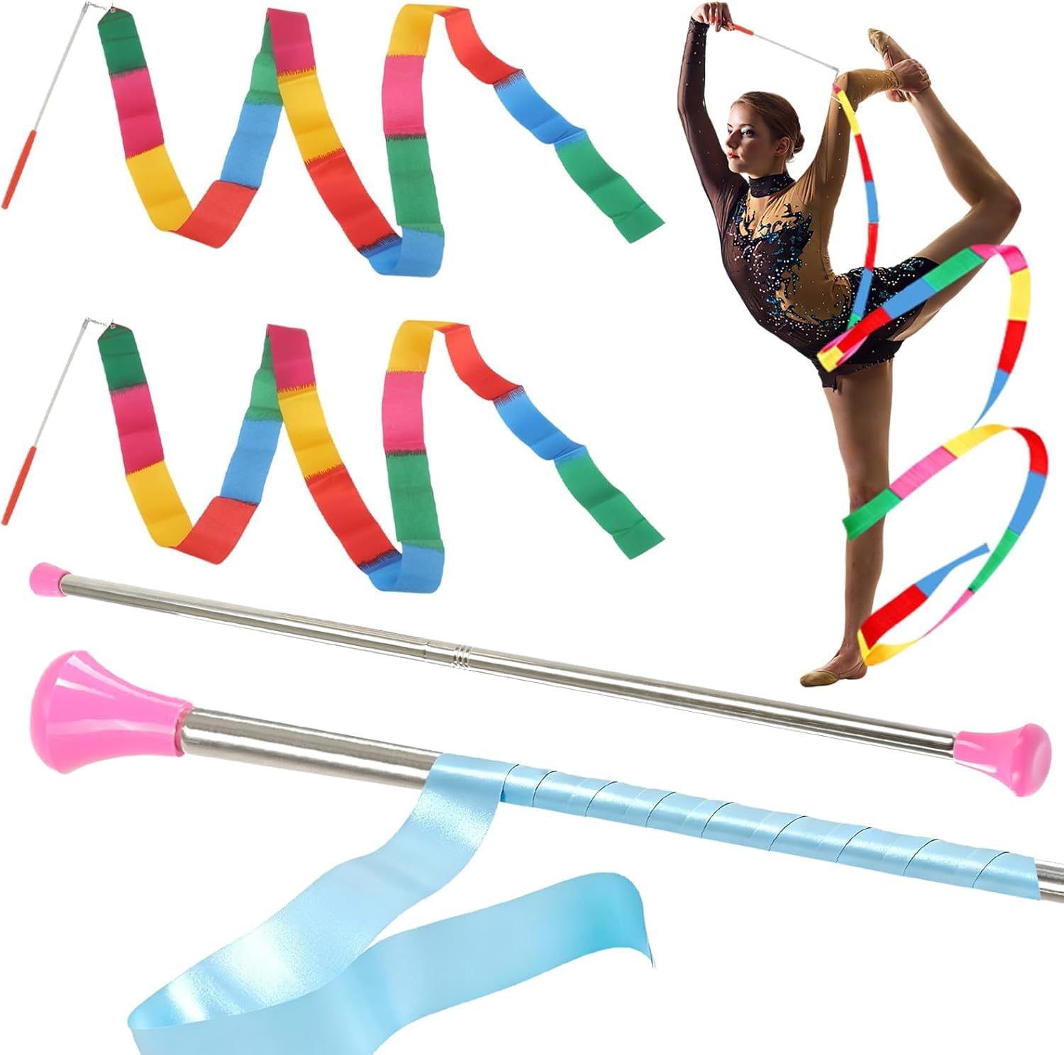 Dance Baton,Batons for Twirling 21/29 inches Stainless Steel Material Gymnastics Wand with 2 Dance Ribbons &amp; 3 Rainbow Hair Bands Suitable for Kids Beginners (1PCS/2PCS)