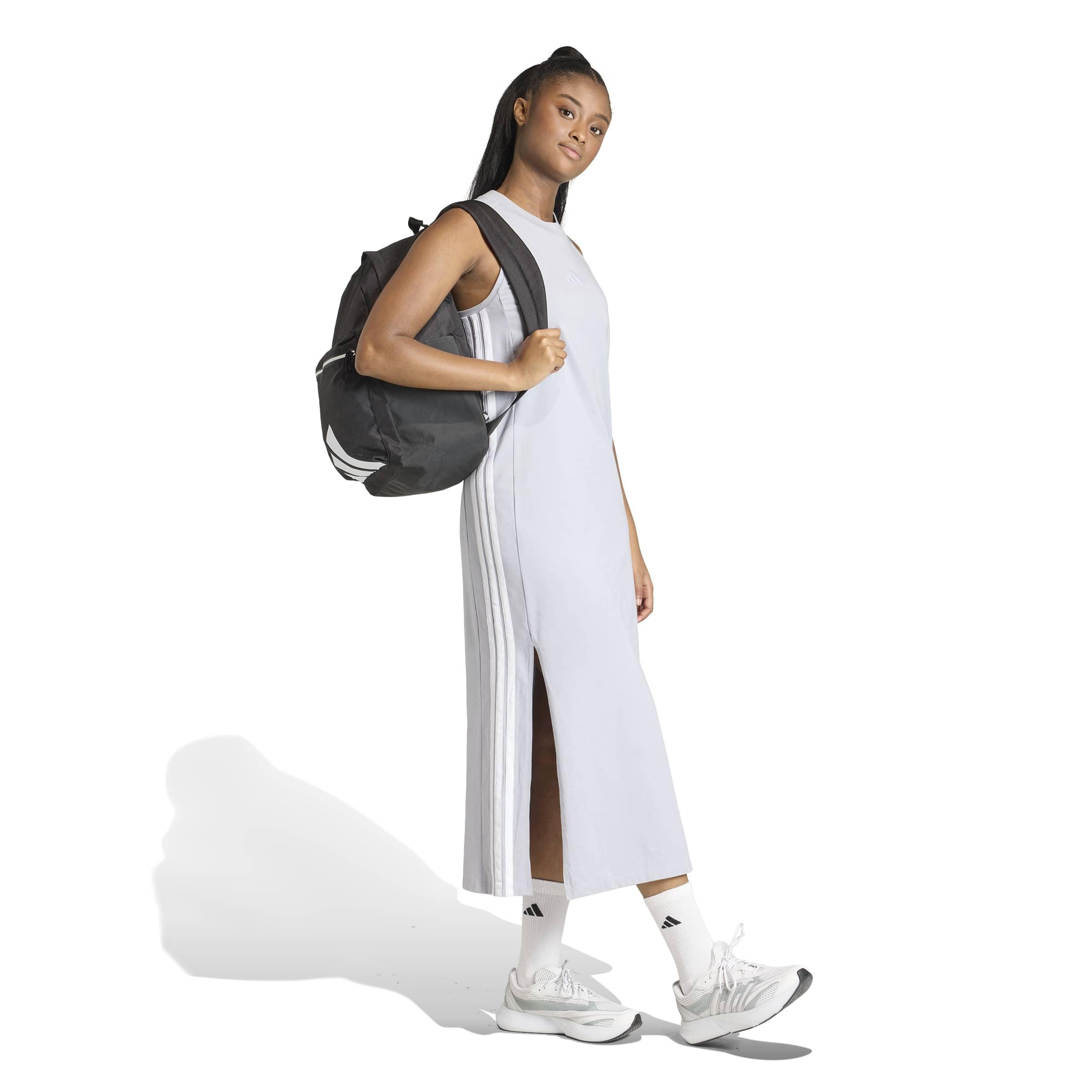 adidas dames ESSENTIALS 3-STRIPES LONG RACERBACK DRESS, halo silver/white, S