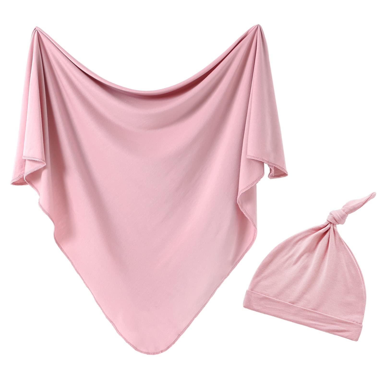 iEvolve Cotton Knitted Baby Swaddle Blanket with Hat Headband Set Newborn Swaddle Wrap Receiving Blankets for Baby Girl Boy 35" x 35"(Pink)