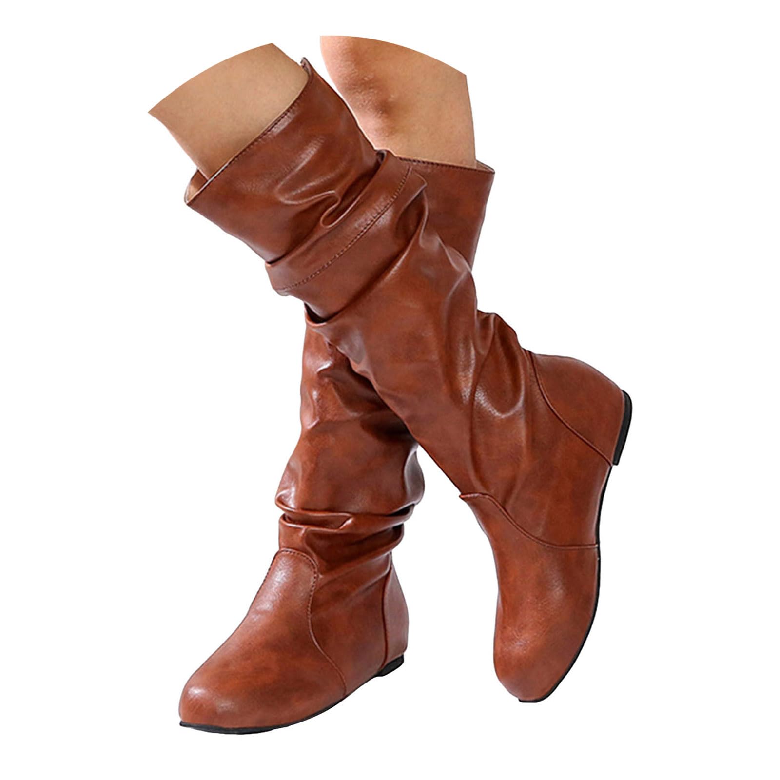 Womens Knee High Pull On Fall Weather Winter Boots Low Hidden Wedge Slouchy Leather Boots Fashion Ruched Round