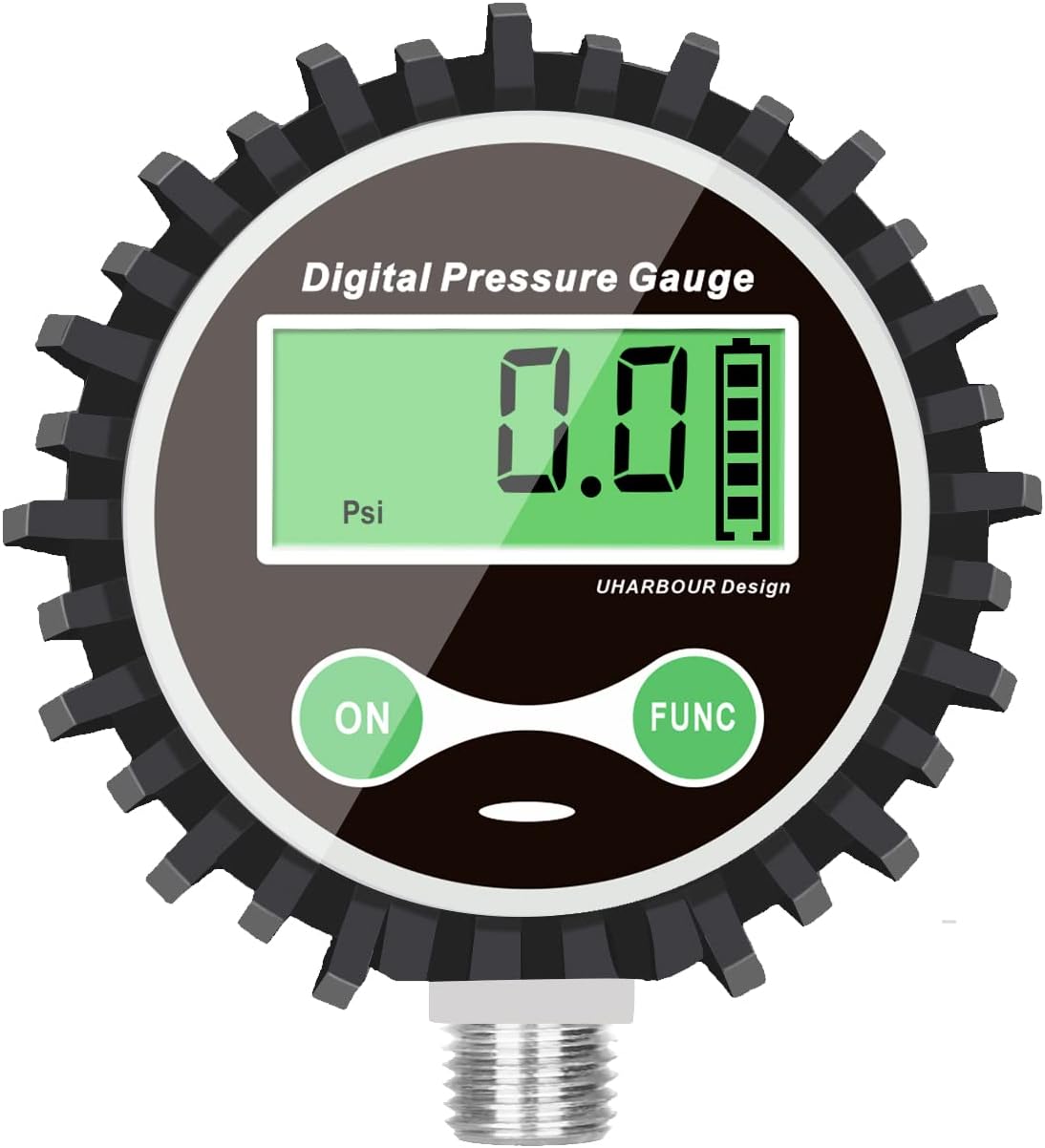 Digital gas pressure gauge with 1/4 inch NPT connection at the bottom