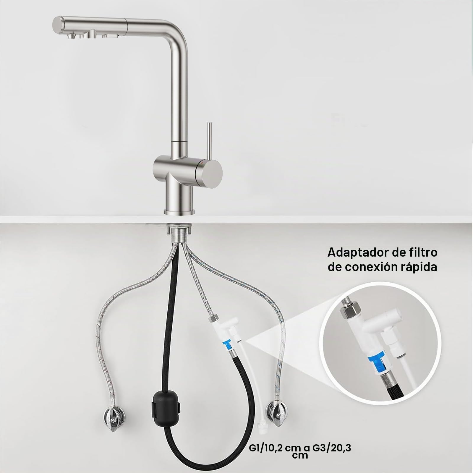 Faustina Grifo de cocina de 3 vías con ducha extraíble, grifo monomando, grifo de fregadero, grifo de agua potable para cocina para ósmosis inversa y filtro de agua de acero inoxidable cepillado
