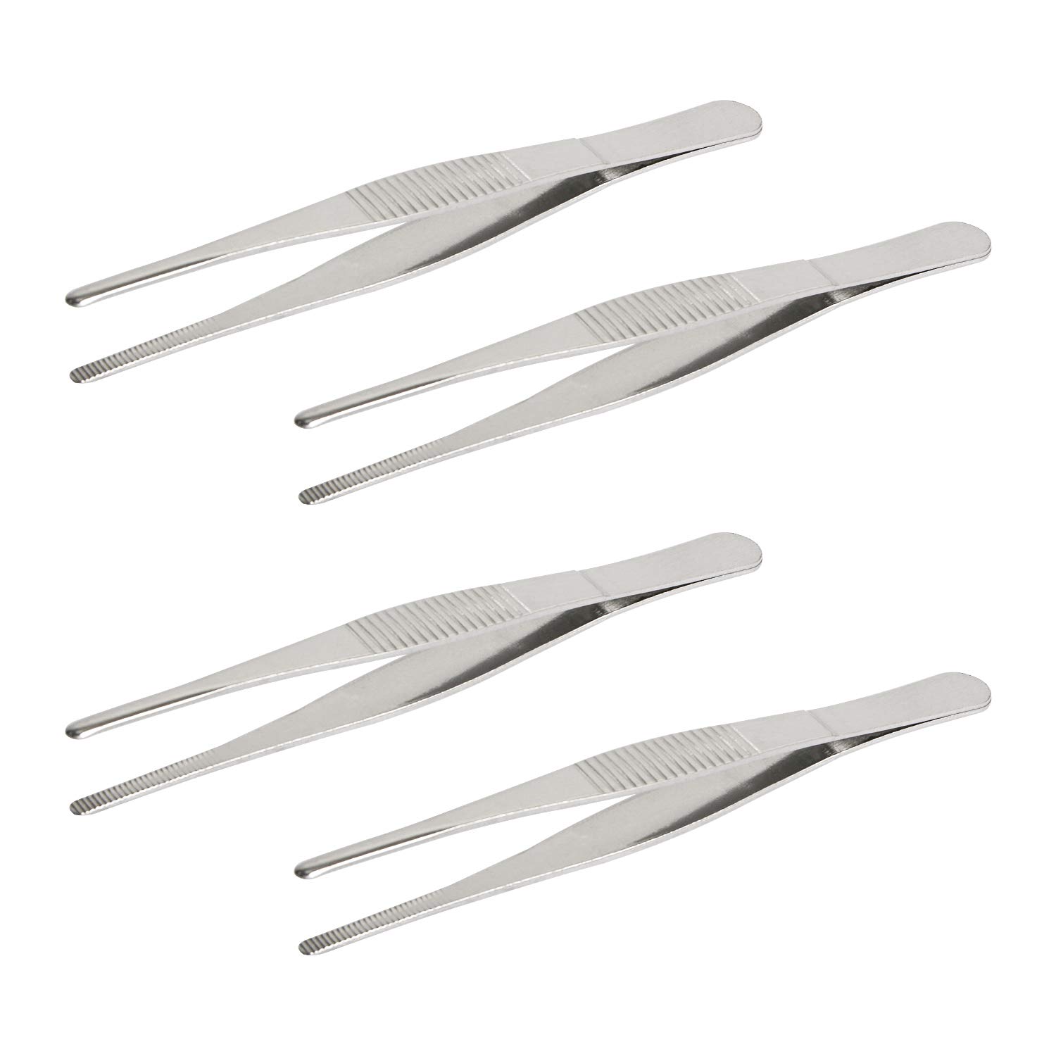 Aoje Link-Electric Silver Aoje-Link Stainless Steel Straight Blunt Tweezers, Horizontal Serrated Tips, Used For Repairs, Barbecues, Auxiliary Tools, 4Pcs