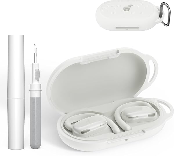 Funda de silicona suave para Soundcore V20i de Anker con llavero y kit de limpieza, cubierta protectora a prueba de golpes y rayones para estuche de carga de audífonos Soundcore V20i de Anker (blanco)