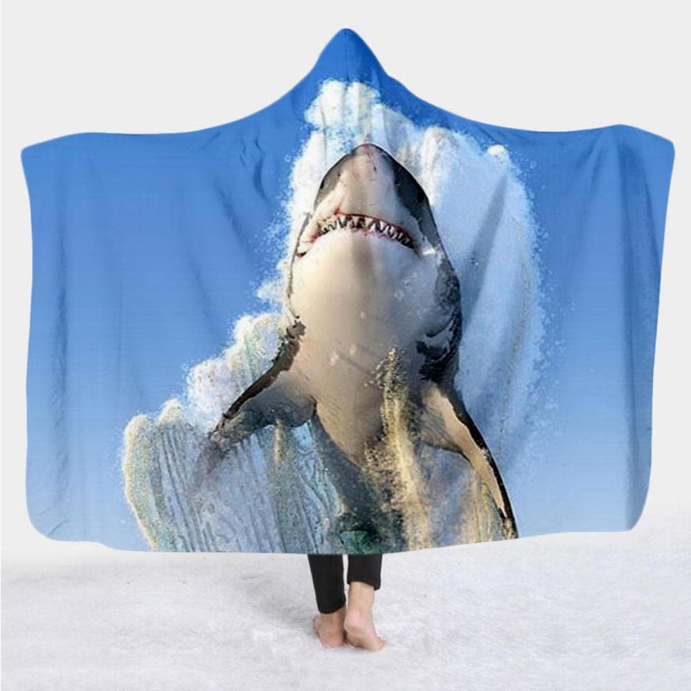 Koc Na Pelerynę Narzuty Na Pelerynę Peleryna Na Pelerynę Z Kapturemkoc Z Kapturem Modny Modny 3D Cyfrowy Rekin Ocean Drukowanie Biurowy Koc Na Przerwę Obiadową-2A_130*150Cm (Dzieci)