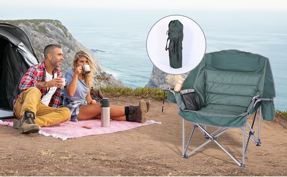 Miniatura 2 de Silla plegable de campamento, silla acolchada, silla de campamento de gran tamaño, silla de césped para adultos, bolsa de transporte resistente de