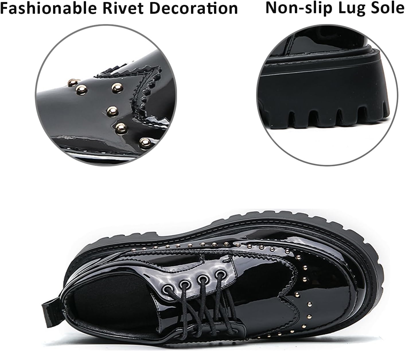 Men's Patent Leather Platform Wingtip Oxford Shoes with Rivets Round Toe Lace Up Lug Sole Brogue Dress Shoes Comfortable Business Work Causal Derby Oxfords - Image 4