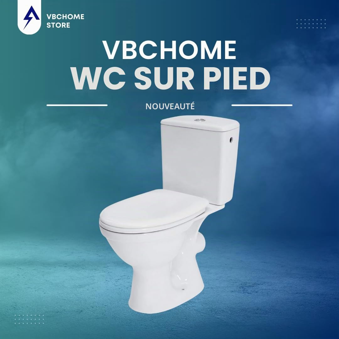 VBChome WC sur pied en céramique - Kit complet avec réservoir de chasse - Siège WC en polypropylène avec système d'abaissement automatique SoftClose pour sortie horizontale - Raccordement d'eau