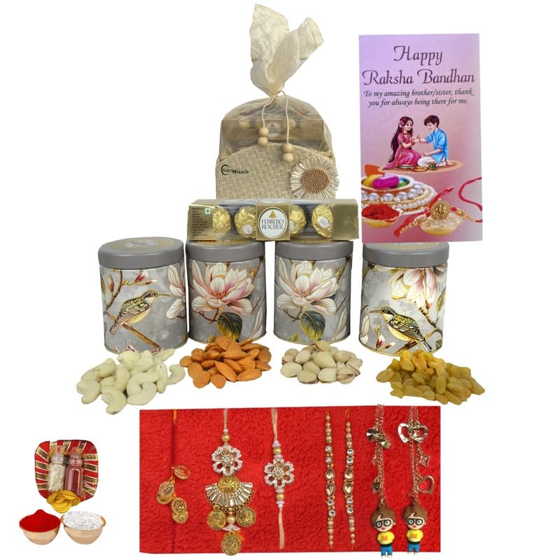 Image of NUTRI MIRACLE Festive Rakhi Gift Basket Filled with Nut Mixes and Chocolates Treats | Chocolate and Nut Assortment for Client Relationship Gifting