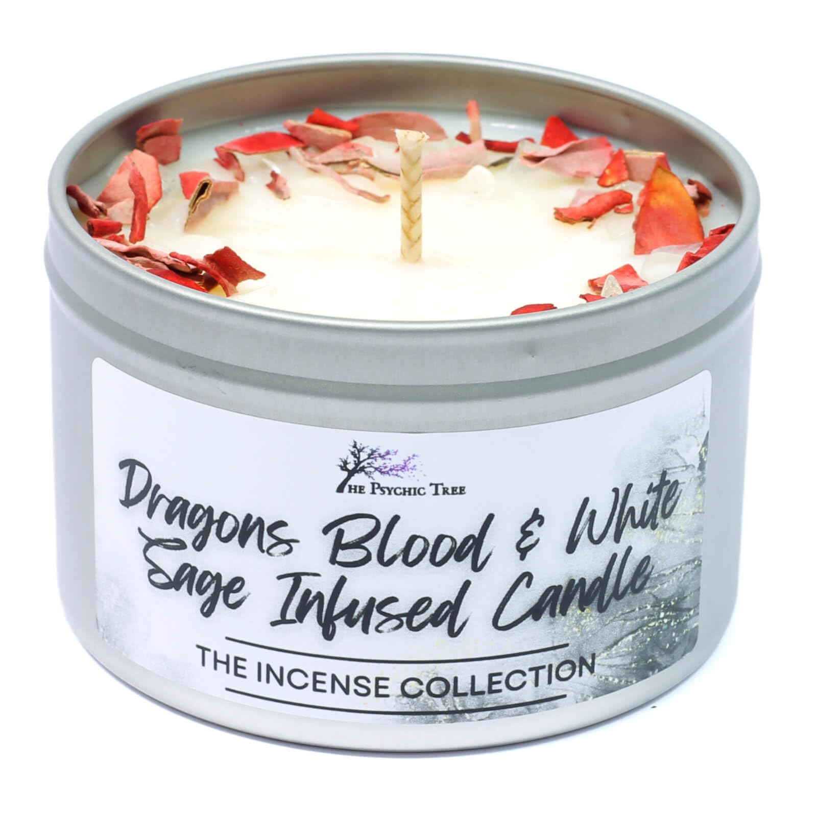 The Psychic Tree See Image Dragons Blood & White Sage Crystal Infused Scented Candle - The Incense Collection