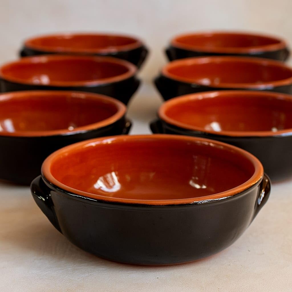 Generico Set 6 Tegamini Terracotta Bicolore 14cm - Ciotole Ceramica con Manici Nero Marrone - Altezza 5cm Tapas Antipasti Contorni Primi - Artigianali - Ebook Omaggio