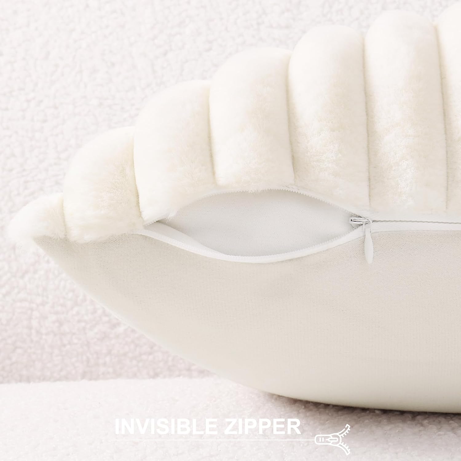 Pallene Faux Fur Plush Spring Throw Pillow Covers 16x16 Set of 2, Luxury Soft Fluffy Striped Decorative Pillow Covers for Sofa, Couch, Living Room, Cream White - Image 3