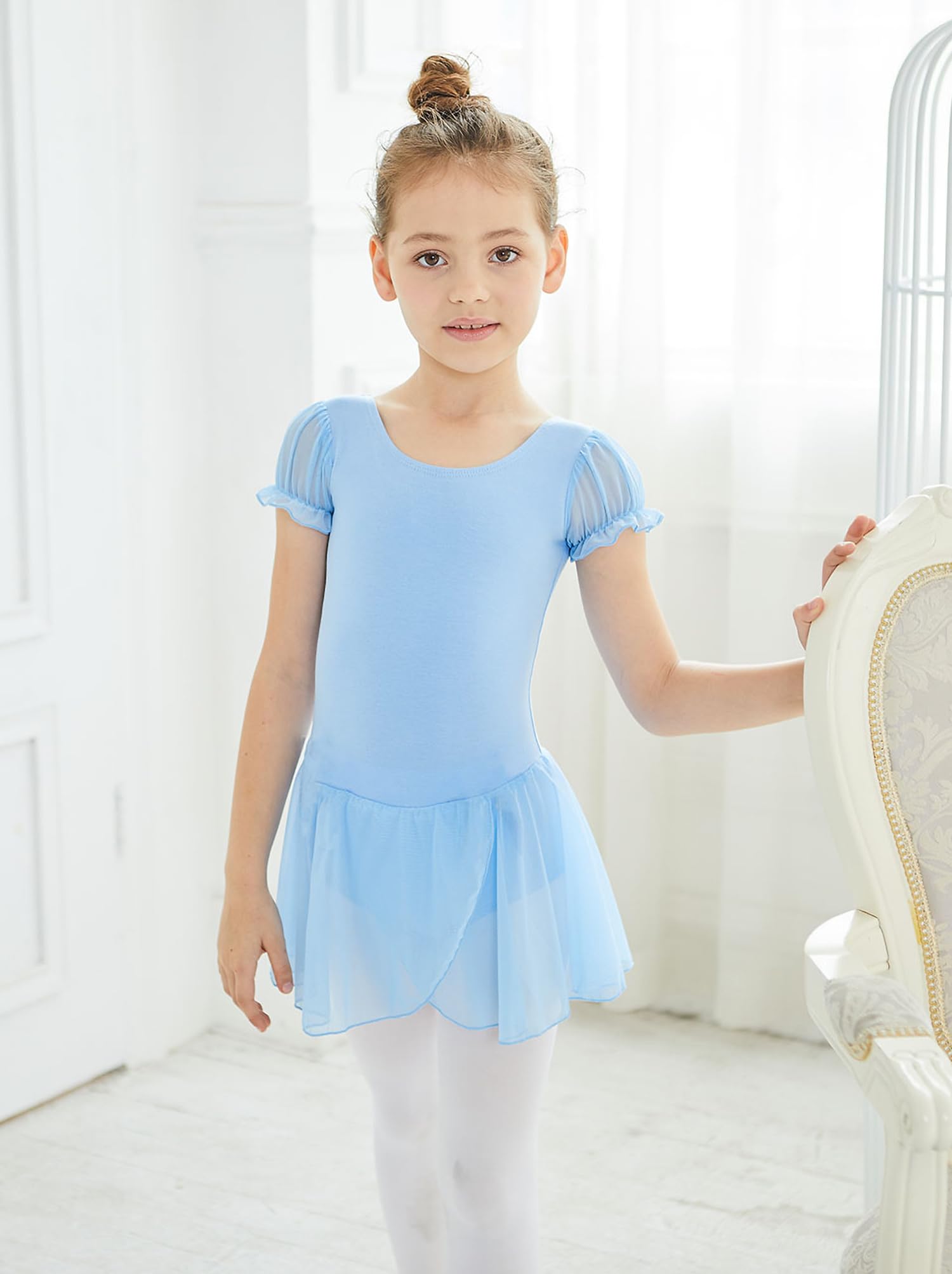 MdnMd Body da danza per bambine, con gonna, per ginnastica, ballerina, classico, a maniche corte