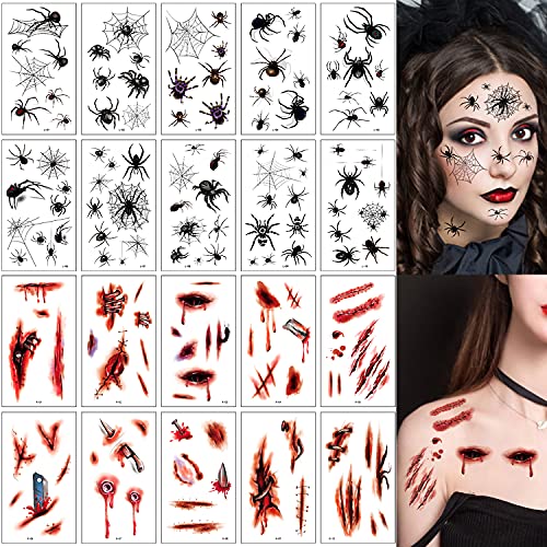 Halloween Tattoos Jusduit 20 Blatt Halloween Tattoo Spinne Wunde Narben Tattoos Halloween Kratzer Sticker zum Aufkleben für das Gesicht Hände und Füße Makeup Temporäre Tattoos Halloween