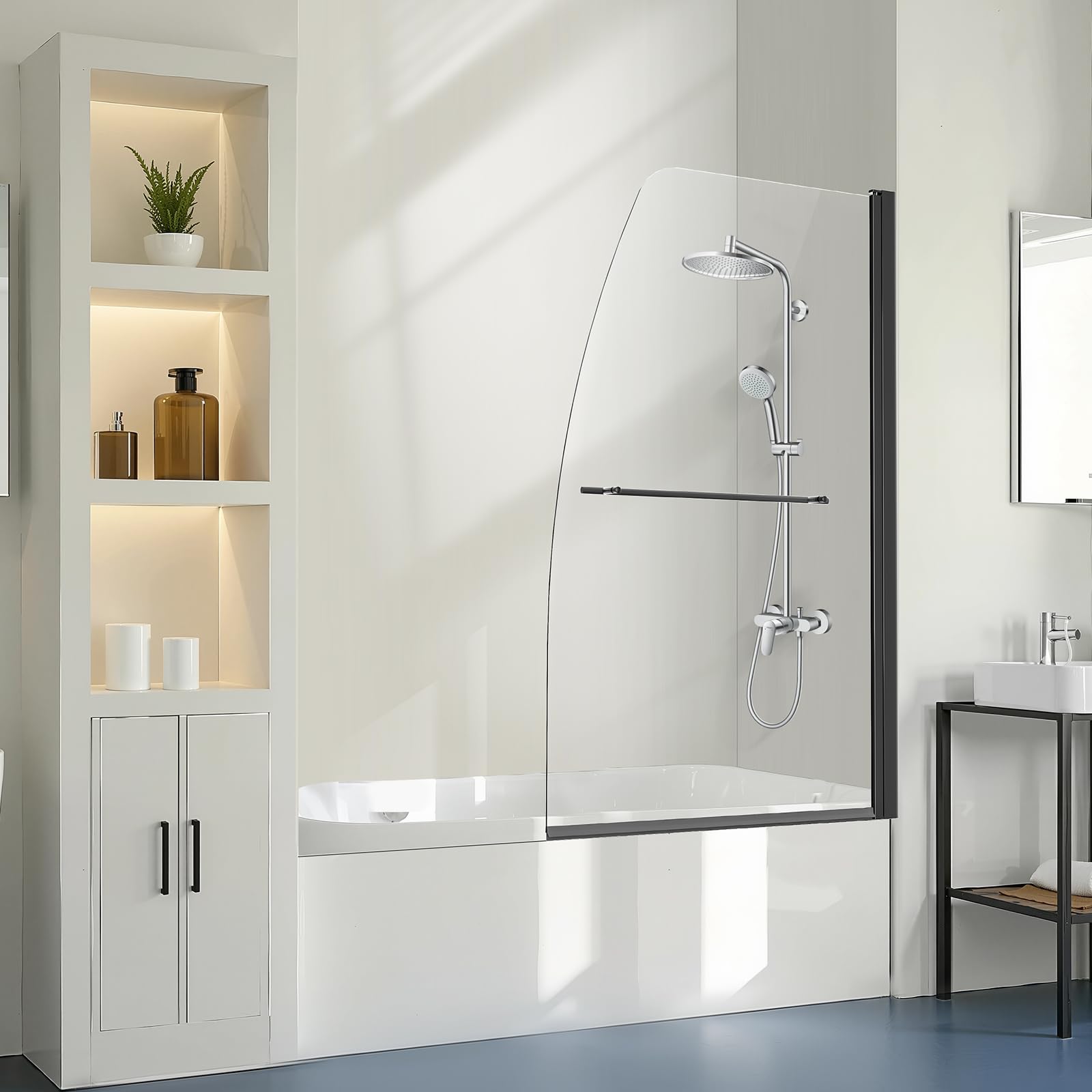 VEVOR Frameless Bathtub Shower Door, 34 in. W x 55 in. H, Half for Bathtub, Tempered Glass, Half with 1/4 in Tempered Glass Bathroom Screen, Black