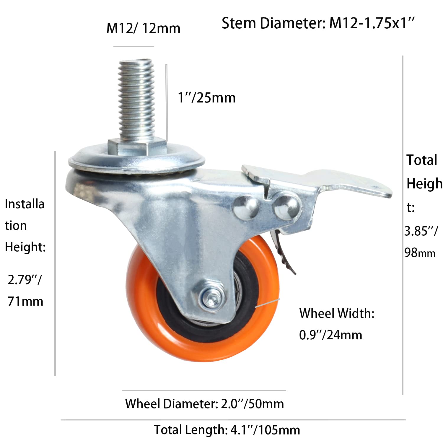 Wytrzymałe, obrotowe koła, 3-calowe żółte kółka z trzpieniem metrycznym M12-1,75x25 mm, podwójne hamulce, kółka bezpieczne do 1200 funtów/zestaw do przemysłu i mebli, zestaw 4 szt.