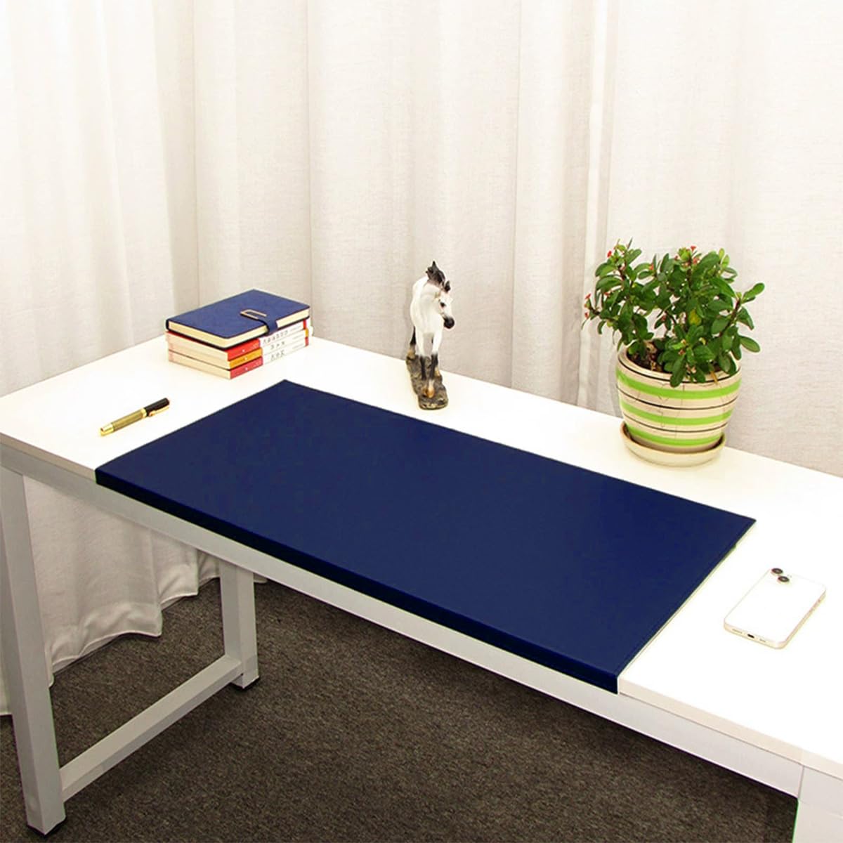 Edge-Locked Desk Pad, Large PU Leather Table Mat with Edge Protector, Waterproof Non-Slip Writing Mats, Laptop Mouse Pads for Office Home Work Study Typing (Blue,80x50cm)