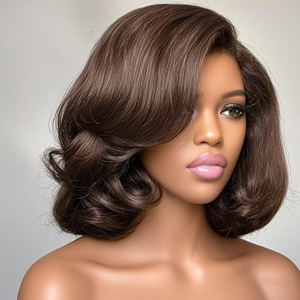 Chocolate Brown Yaki Wave Bob Wig Human Hair 13x6 HD Invisible Short Kinky Straight Lace Front Wigs Pre Plucked Bleached Knots Glueless Wig Short Yaki Bob Wigs for Black Women 12Inch
