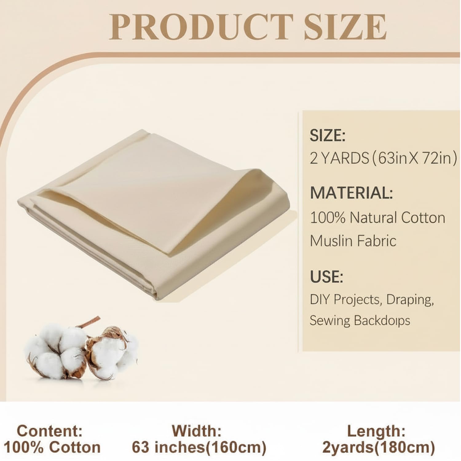 100% Cotton Muslin Fabric 63 Inch x 2 Yards Unbleached Natural - 3 oz/sq yd Light Weight Cloth for Draping, Pattern Making, Garment Sewing, Quilting, Home Decor & DIY Crafts (Natural, 2 Yards) - 3