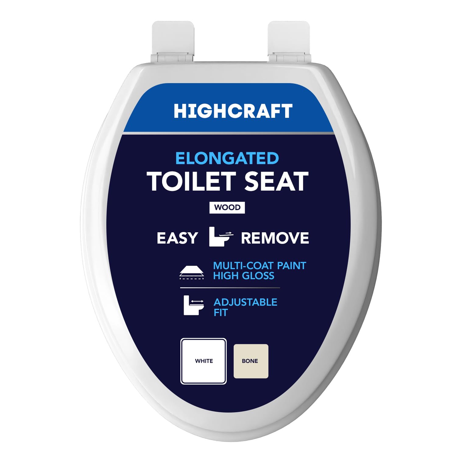 Highcraft W2TSWE Asiento de inodoro alargado de madera moldeada fácil de quitar, bisagra ajustable, color blanco