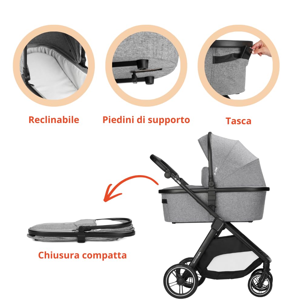 Nurse Wander Trio Carrito de Bebé 3 en 1, Capazo, Silla de Paseo y Silla de Coche i-Size, Plegado Compacto, con Accesorios, Gris