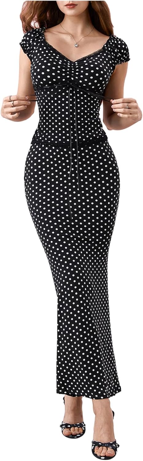 Milumia Women's 2 Piece Set Polka Dots Cap Sleeve Blouses Fishtail Hem Bodycon Maxi Skirts Sets - Image 3