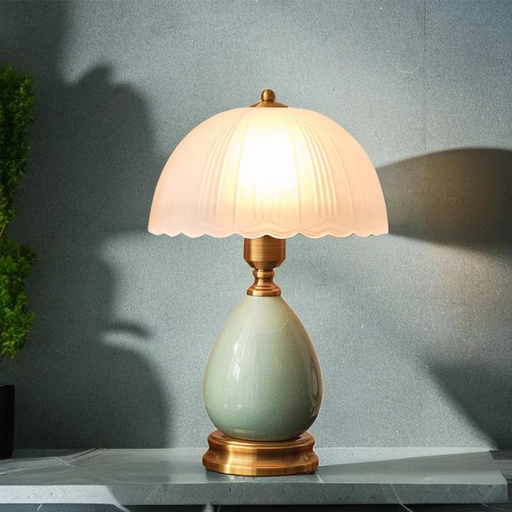 Mengjay Lampada da tavolo salotto lampada Vintage,Luce da Scrivania in vetro,Base in ceramica,E27 Lampada da Notte per camera da letto, studio, comodino, scrivania (Verde)