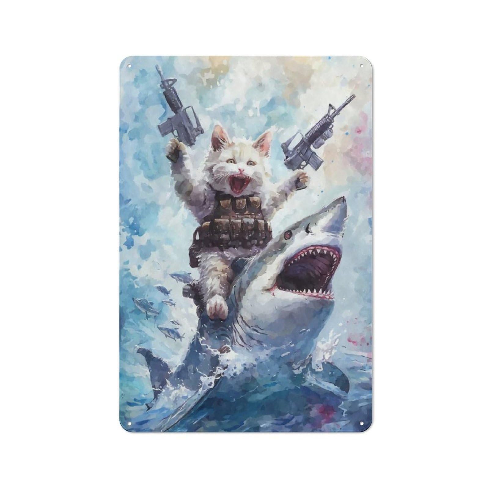 Junmoney Cat Riding Shark Vintage Tin Sign 30X20cm For Lounge Or Reading Corner, For Reading Corner Decorators