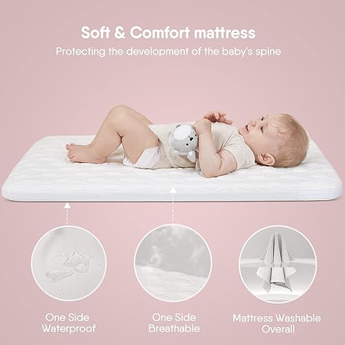Miniatura 2 de BabyBond Cuna para bebé, cuna 3 en 1 con colchón suave y sábana, cuna de noche de 6 alturas ajustables, cuna de noche de malla de 4 lados para bebé
