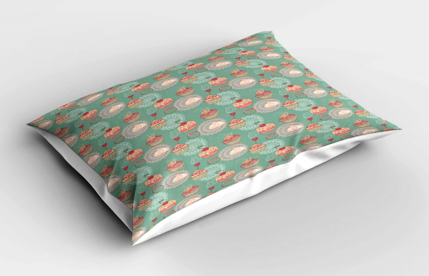 Lunarable Wedding Cake Pillow Sham Set of 2, Cupcakes with Hearts Cherry Whip Cream Valentines Day Desserts, Quality Microfiber Bedding Item for All Seasons, 36" x 20", Almond Green Pink Peach