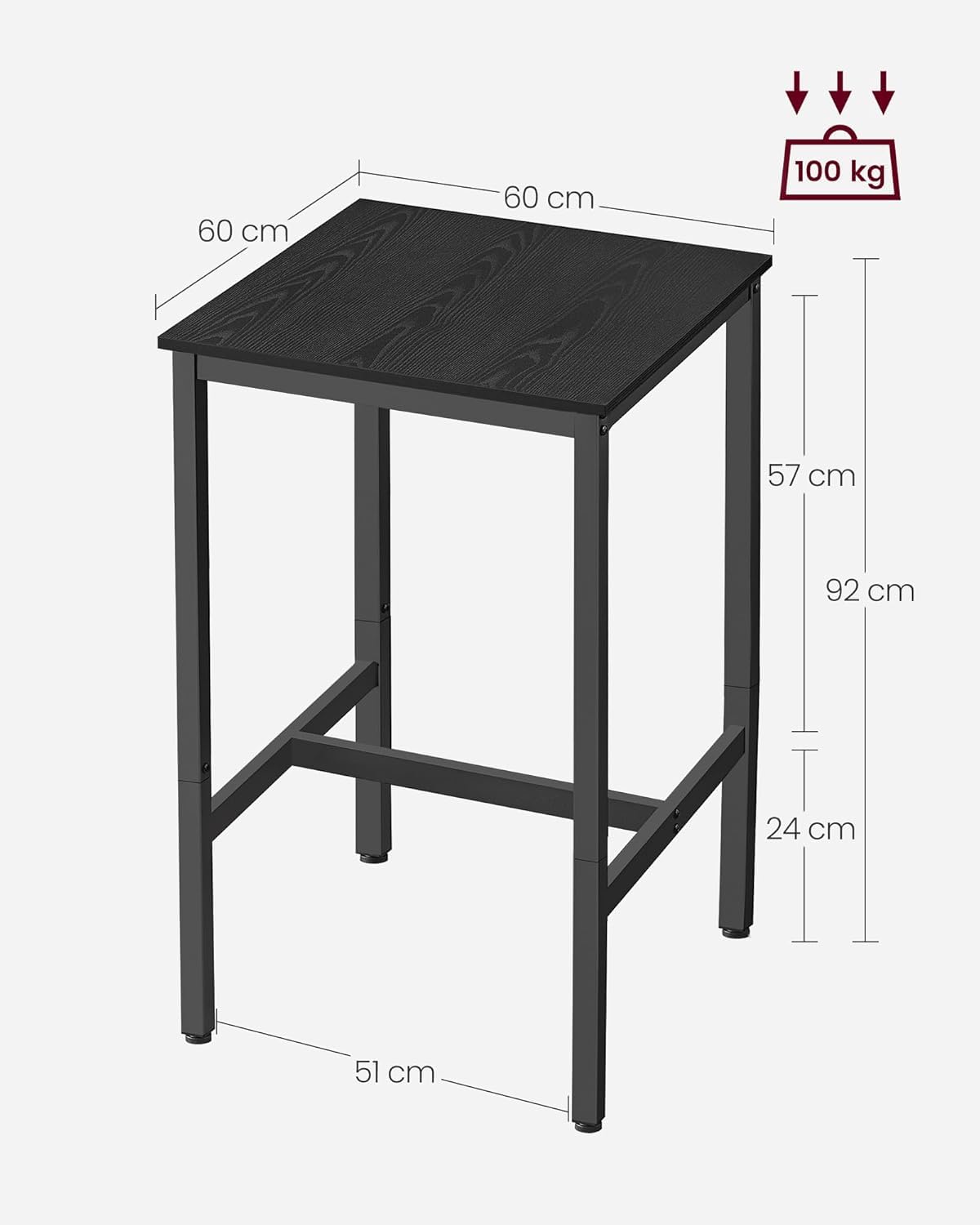 ACAZA - Bartisch - 60L x 60B x 92H cm - Küchentisch für Barhocker oder Stehtisch - Quadratisch - Holz und Metall - Schwarz
