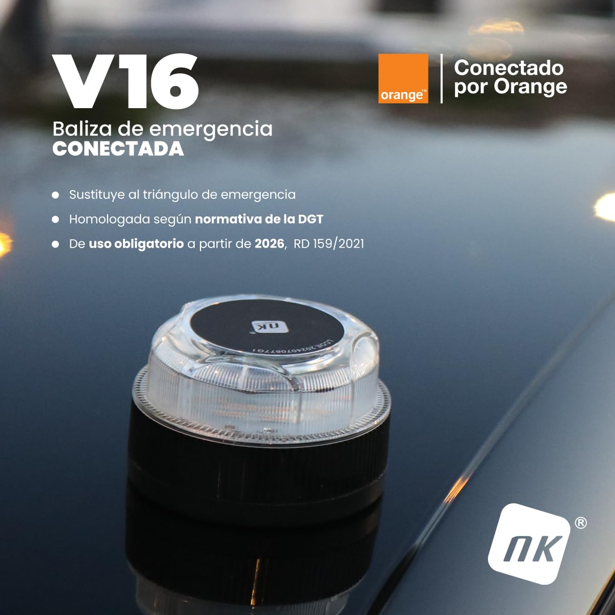 NK Baliza de Emergencia V16 con Geolocalización y Conexión DGT 3.0 – Uso Obligatorio desde Enero 2026, Señal LED Homologada para Coche, Alcance 1km, Resistente al Agua, Datos Incluidos hasta 2038