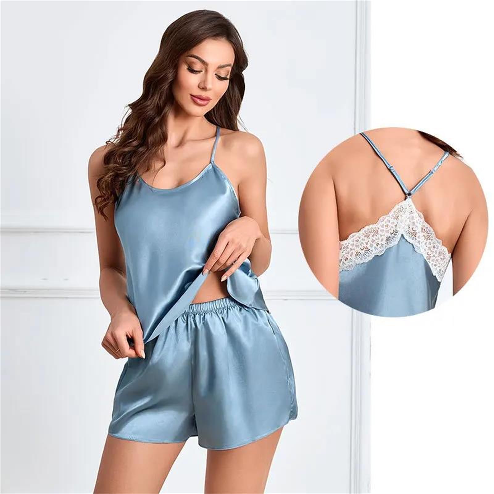Camisón sexy con tirantes para mujer, seduce a las mujeres en verano con encaje y falda corta de seda de imitación de encaje