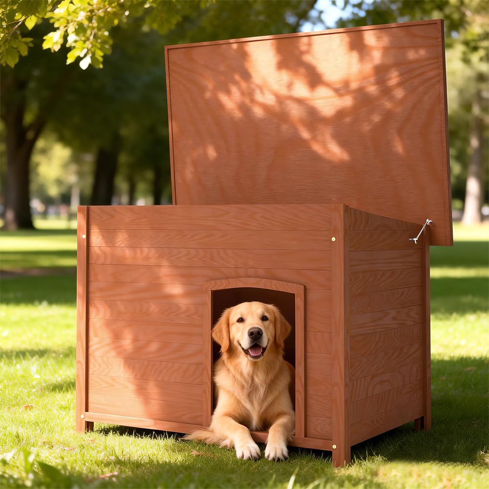 BAKAJI Cuccia per Animali Domestici in Legno, Casetta per Cani e Gatti con Tetto Apribile, Casa da Esterno ed Interno Resistente Intemperie e Agenti Atmosferici con Tettoia Asfaltata, 116 x 79 x 81 cm