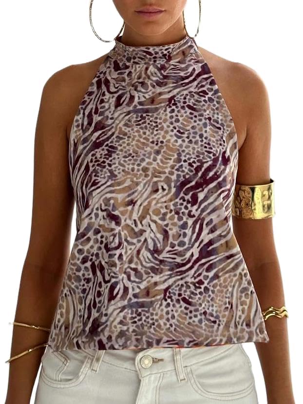 Women Y2k Halter Top High Neck Backless Graphic Boho Summer Going Out Tops