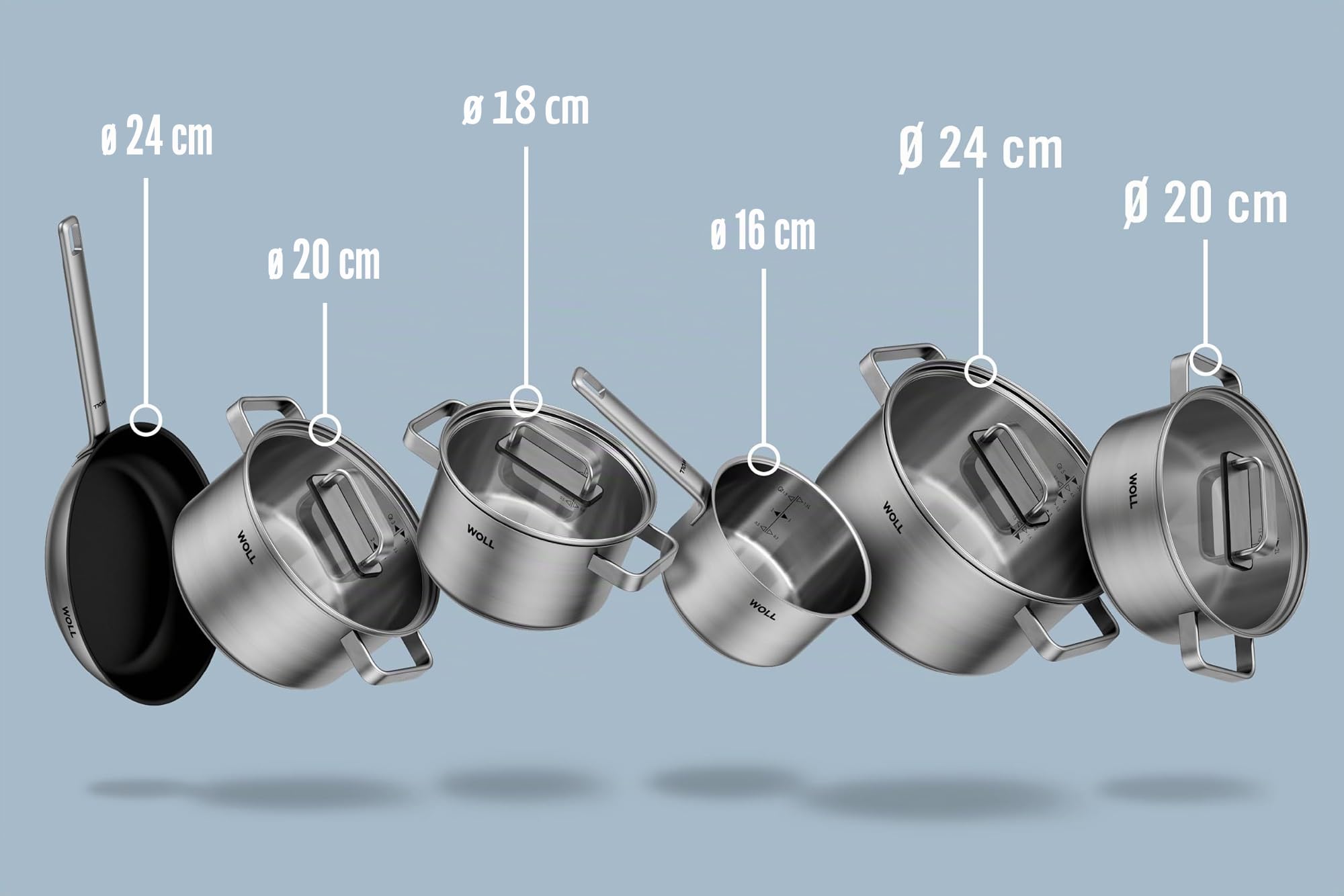 WOLL Juego de 10 cacerolas de acero inoxidable de 20 a 24 cm de diámetro, aptas para lavavajillas, ahorro de energía y duraderas, cacerolas, juego de ollas, ollas de inducción
