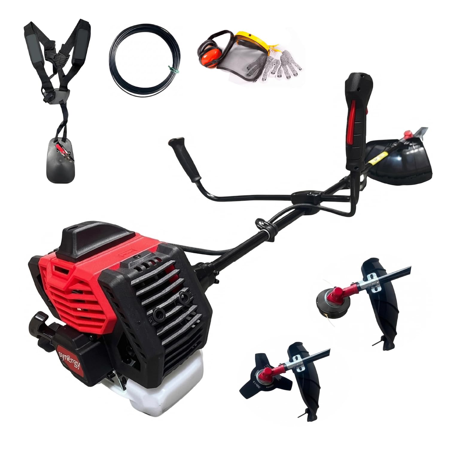Synergy Desbrozadora Gasolina 2 en1-65cc 4,9cv Motor 2 Tiempos- Disco de 3 Puntas, Cabezal Automático, Arnés y 12m de Hilo