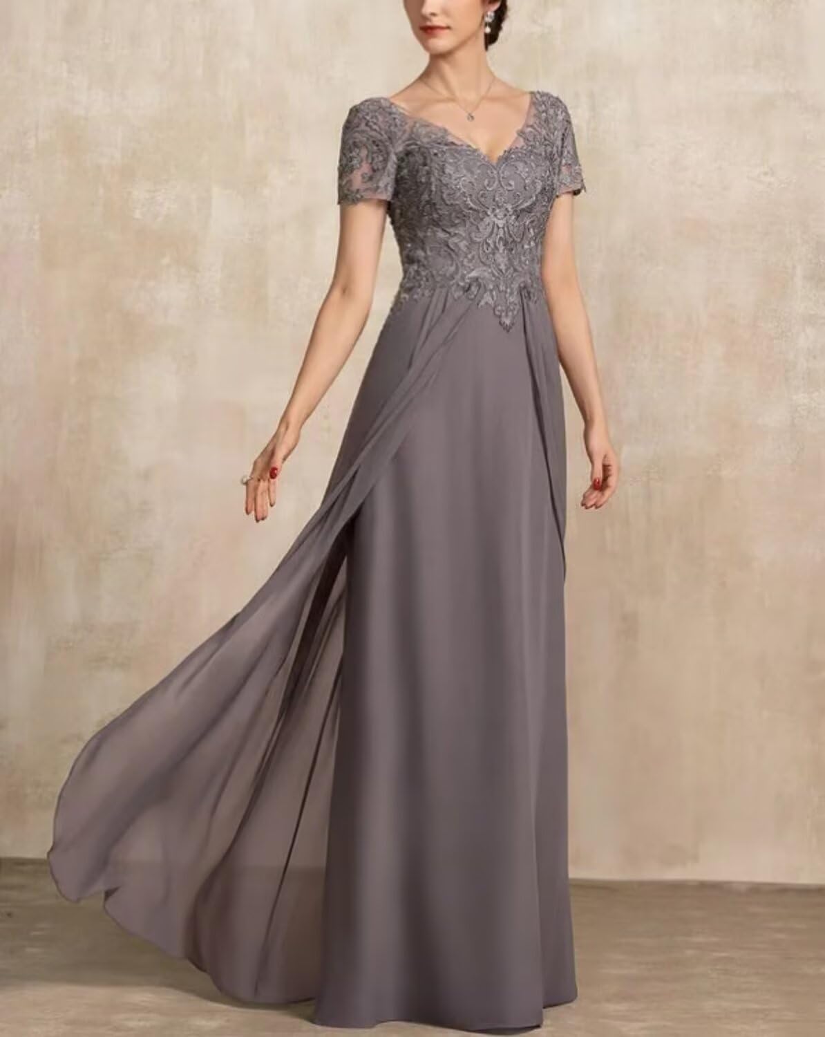 Short Sleeve Mother of The Bride Dress for Wedding Lace Applique A-Line Formal Gowns BO067
