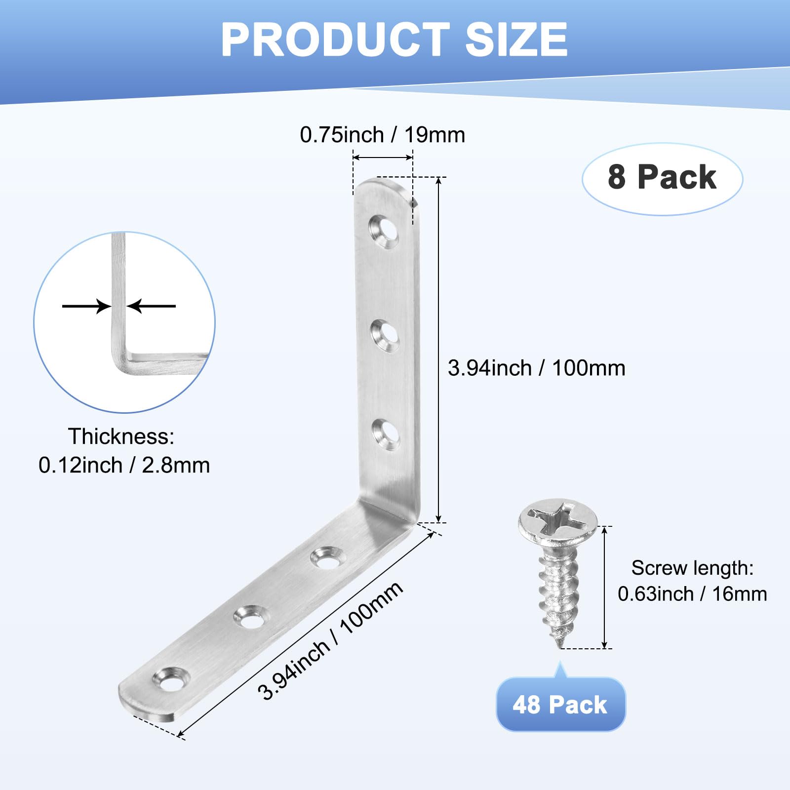 M METERXITY Confezione da 8 staffe angolari a L, 9,94 x 3,94 x 0,75 cm, in acciaio inox, ad angolo retto di 90 gradi, con viti, per mobili in legno, scaffali, tavoli, cassettiere, cassettiere [argento