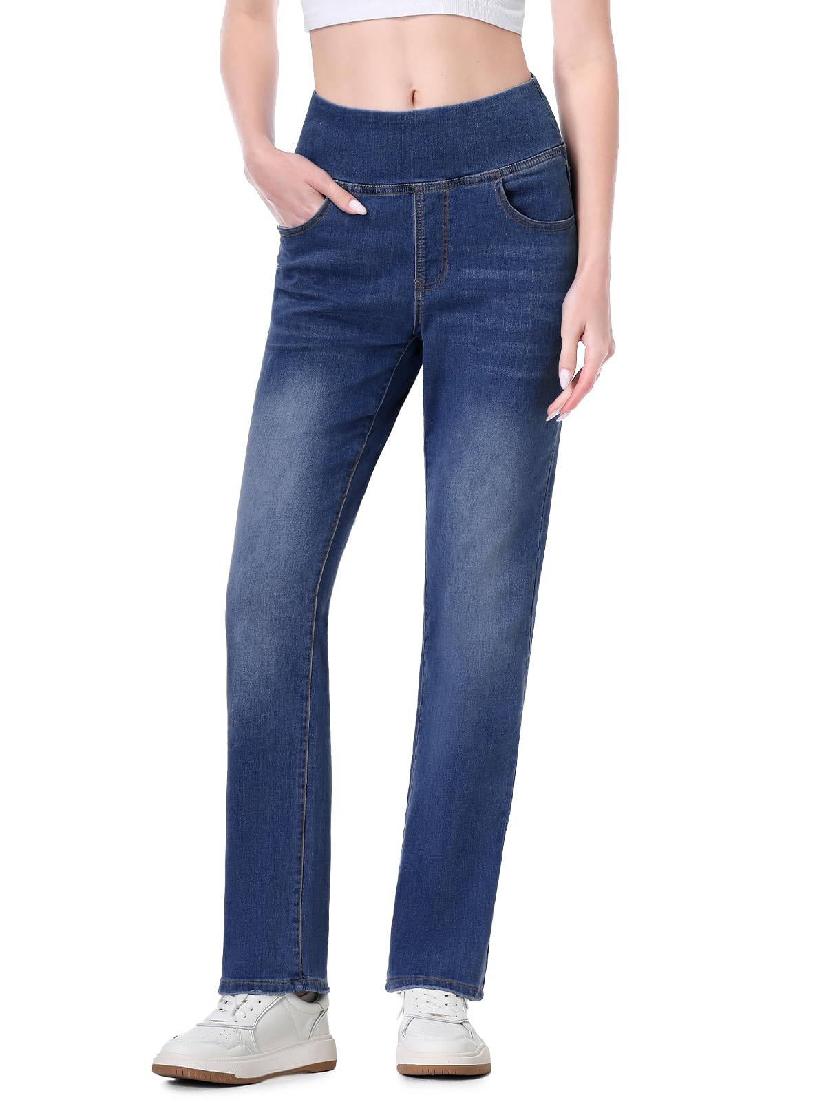 Chasehot Jeans Damen,Pull On Straight Jeans Mit Gummibund,High Waist Stretch Denim Jeggings Mit 6 Taschen,Tapered Bootcut Jeanshose Gerades Bein Jeans,Dunkle Blau-31-L