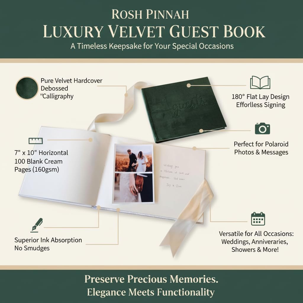 Luxury Velvet Guest Book (100 Pages, 160gsm) - Sign-in Registry Guestbook & Keepsake & Polaroid Photo Book Scrapbook – Velvet Hard Cover with Satin Ribbon - 7” x 10" (Green)