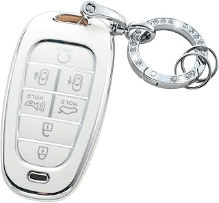 Key fob Cover for Hyundai Sonata Nexo,2022 Tucson 2023 Palisade Santa Fe 7 Buttons Keyless Entry Soft TPU Smart Car Key Protector with Diamond Key Ring White