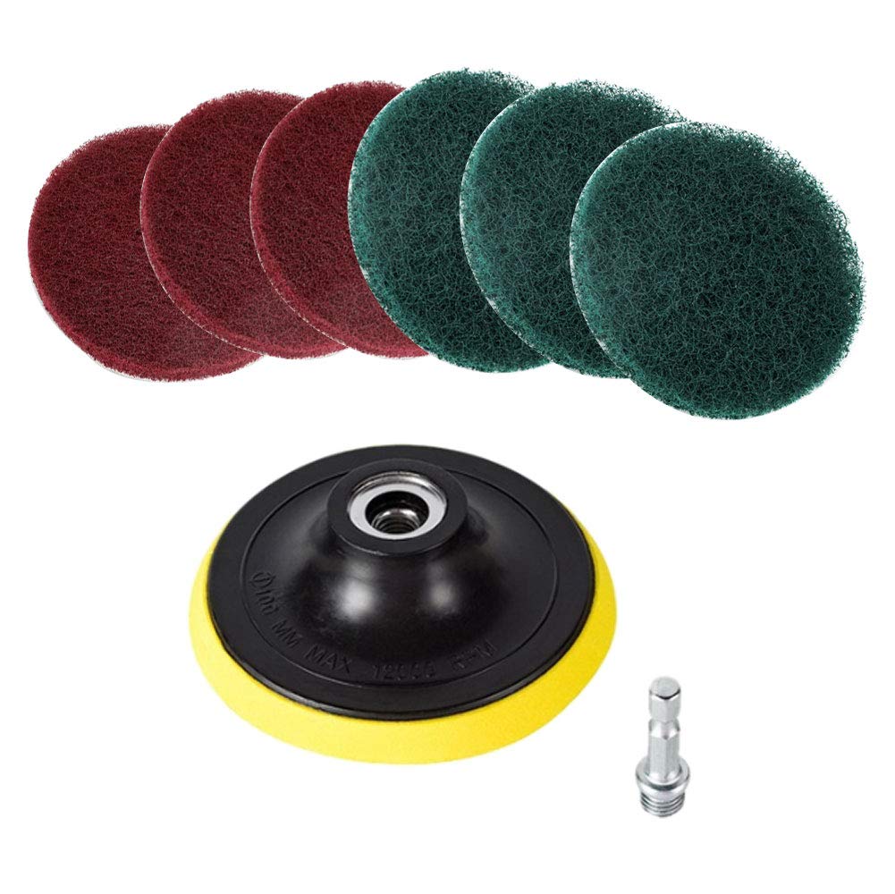 7 Piece 4 Inch Power Scrub Pads Drill Attachment Kit Includes Pad Holder Scrubbing Pads Red Green for
