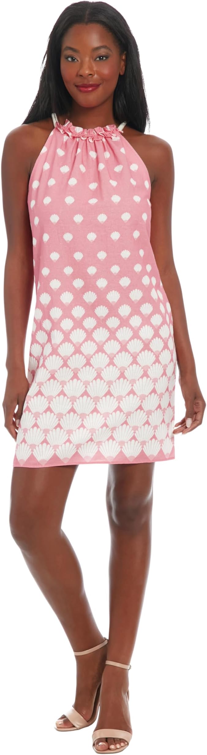 Women's Women's Sleeveless Ruffle Neck Shift Dress with Shell Pattern - Knee Length Special Occasion Dress
