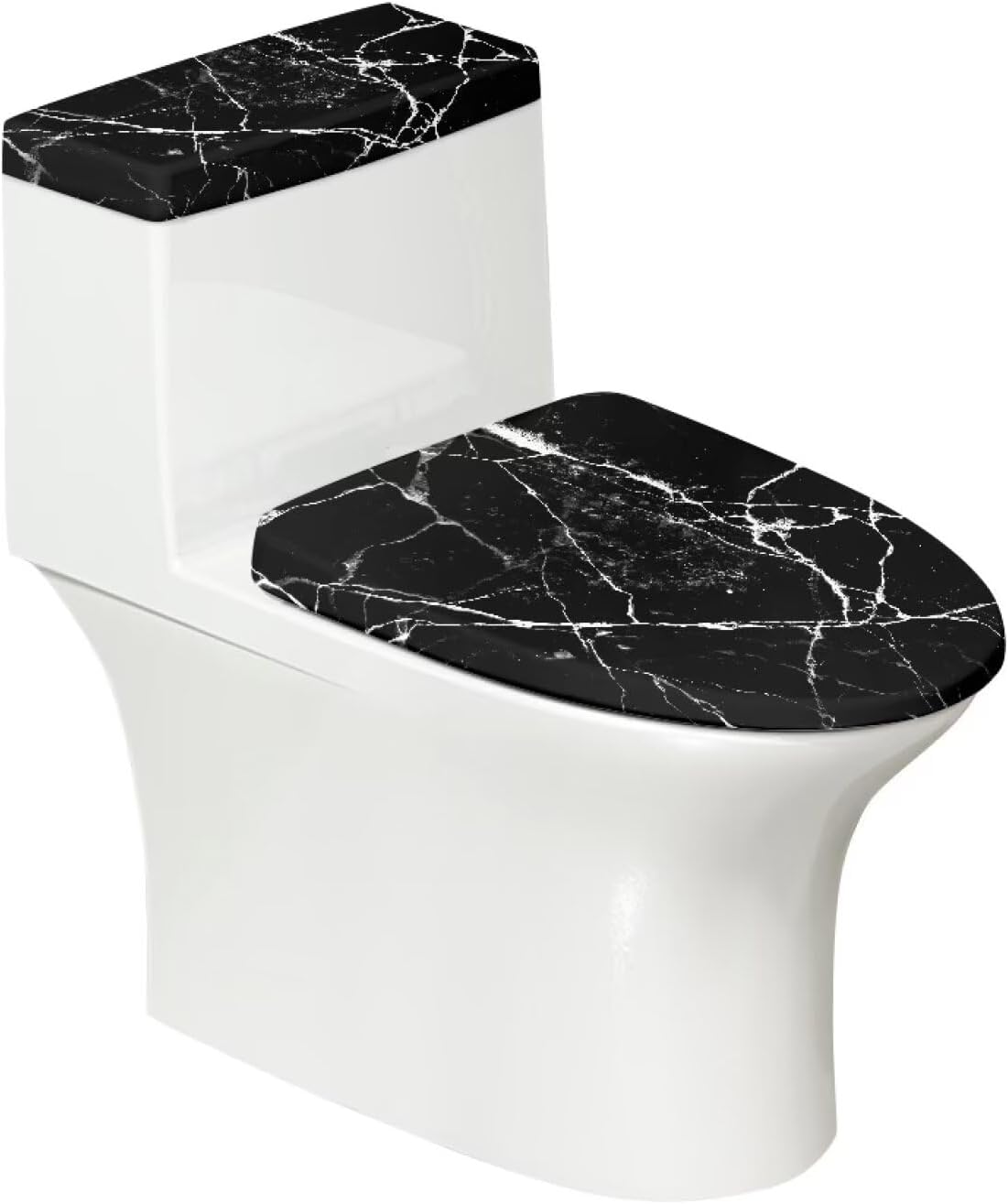 Black Marble Design Toilet Lid Dust Cover & Toilet Tank Lid Cover for Bathroom Machine Washable Anti-dust with Elastic Edge